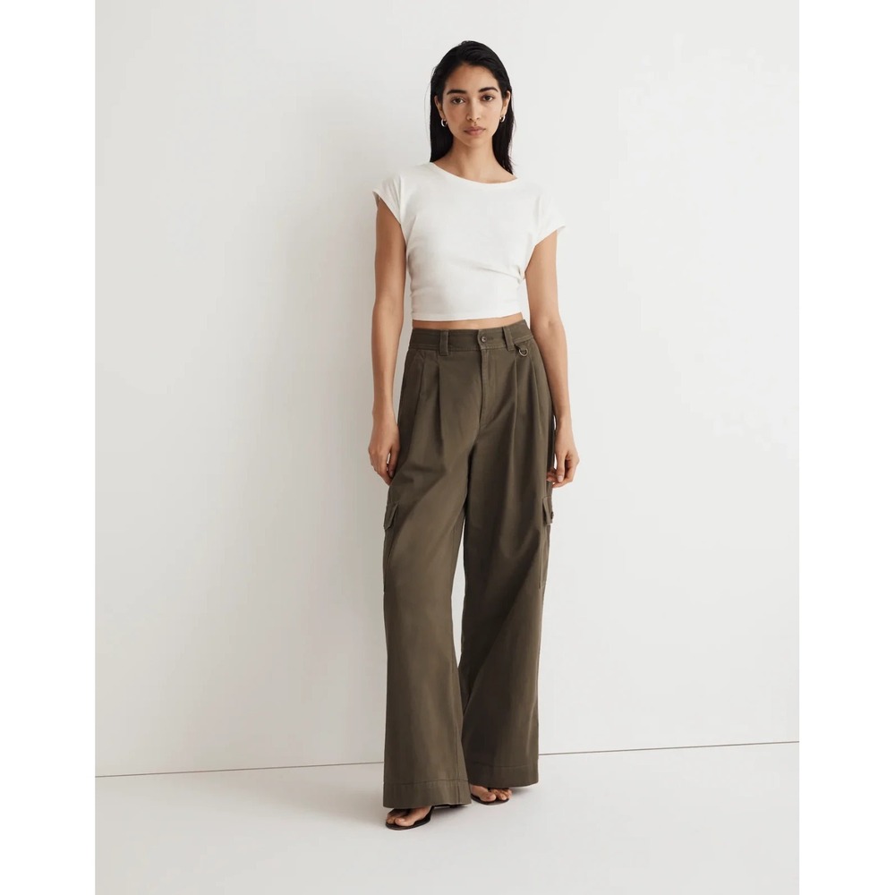Madewell Harlow Wide Leg Cargo Pants 2 Green Pleated High Rise Minimalist Fall